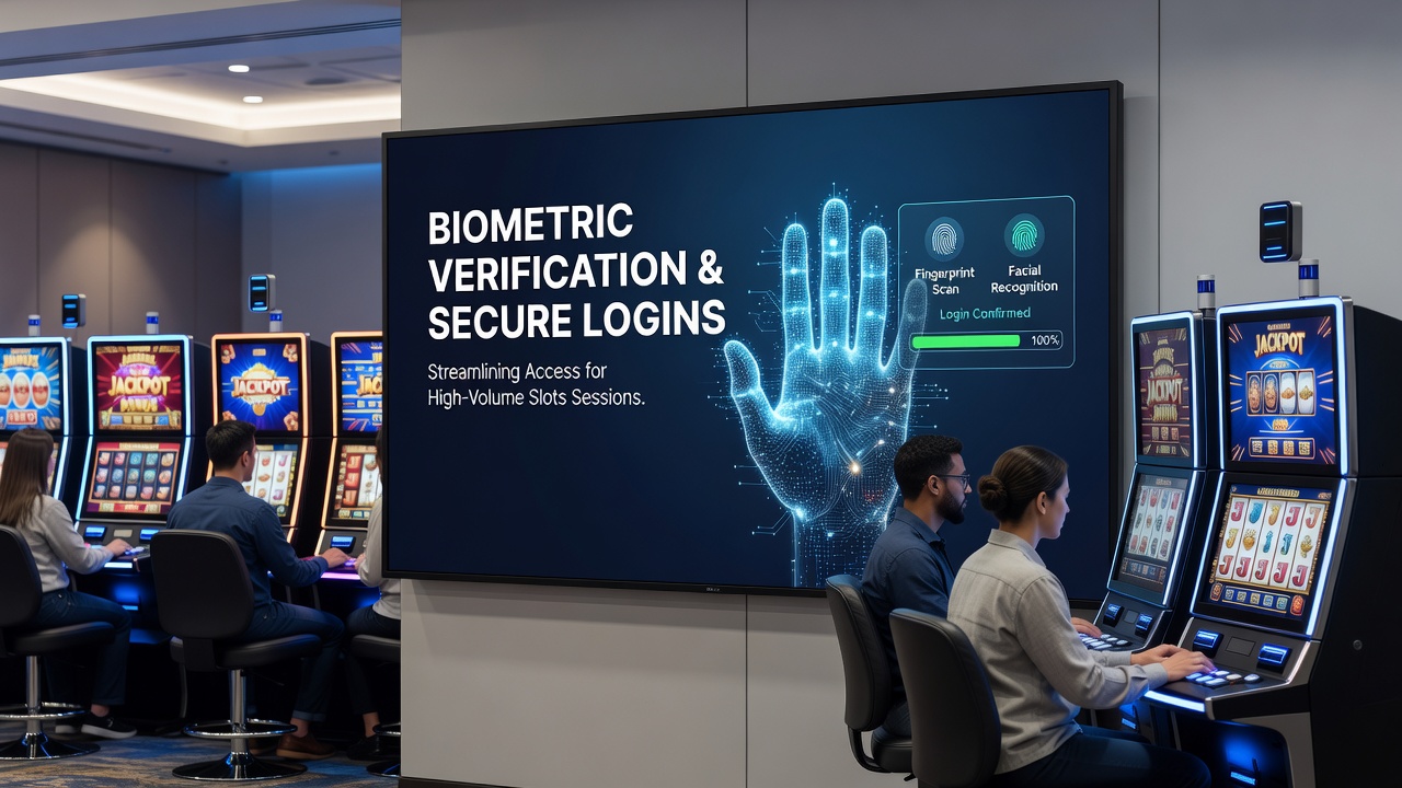 Secure mobile slots interface showing biometric authentication in progress on a licensed network