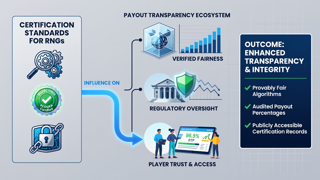 Screenshot of a regulatory dashboard displaying certified RNG status and payout metrics for video slots